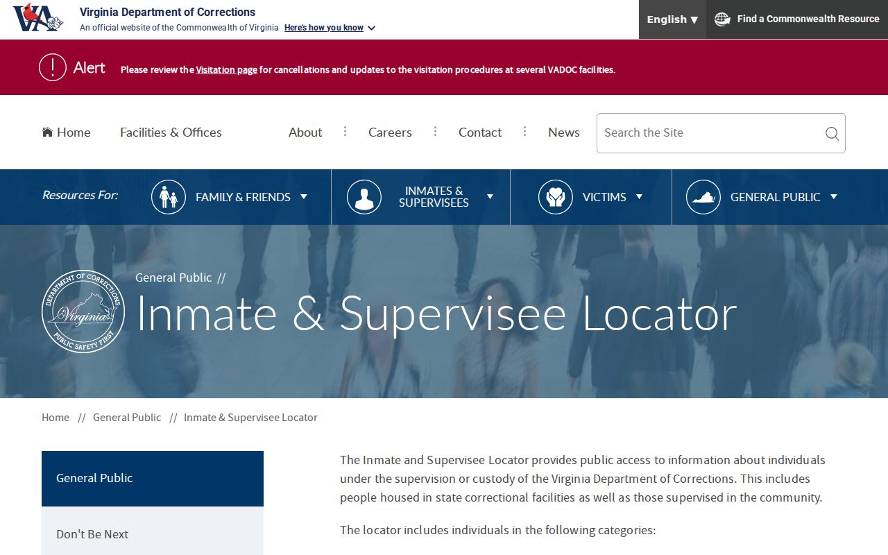 VADOC locator used for Accomack County criminal custody and supervision records