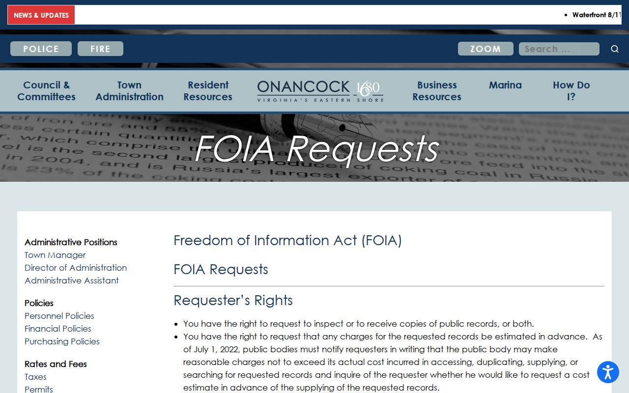 Onancock criminal records request channels on the official FOIA page