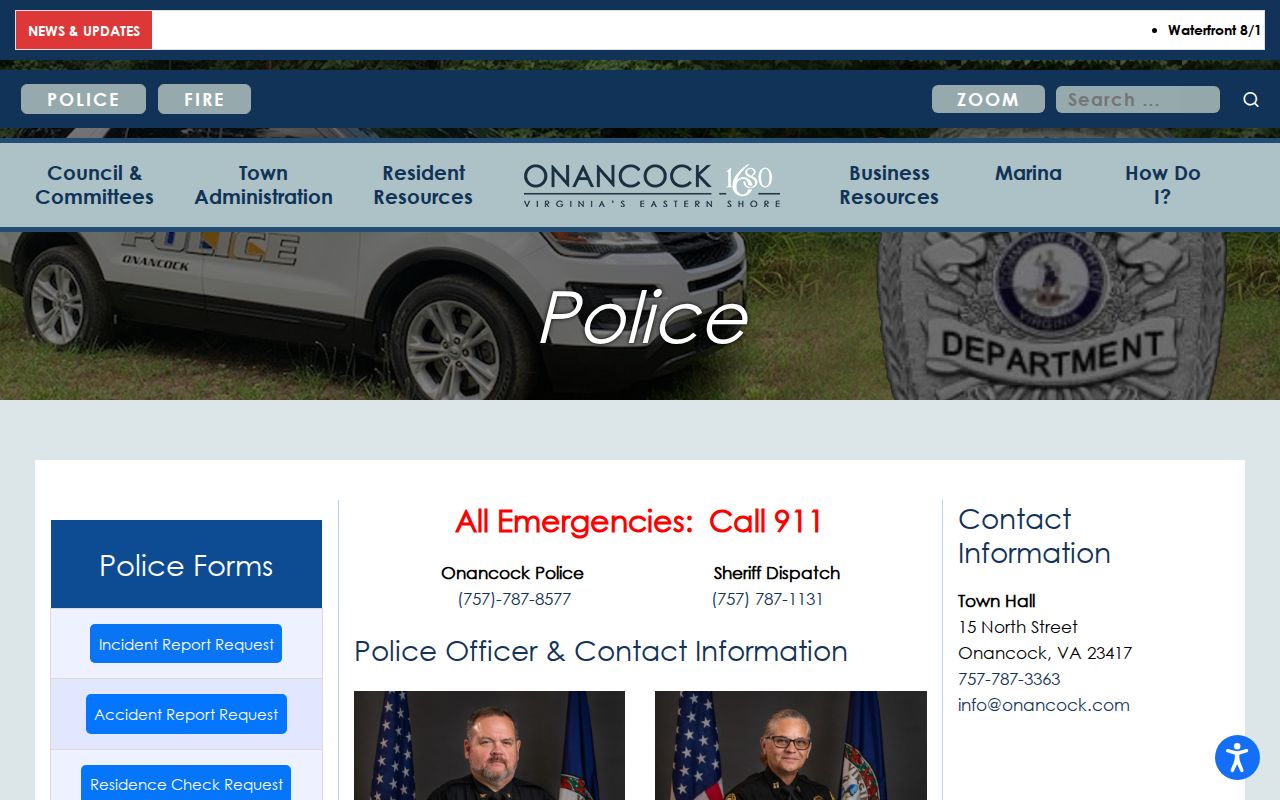 Onancock criminal records contact on the official Police Department page
